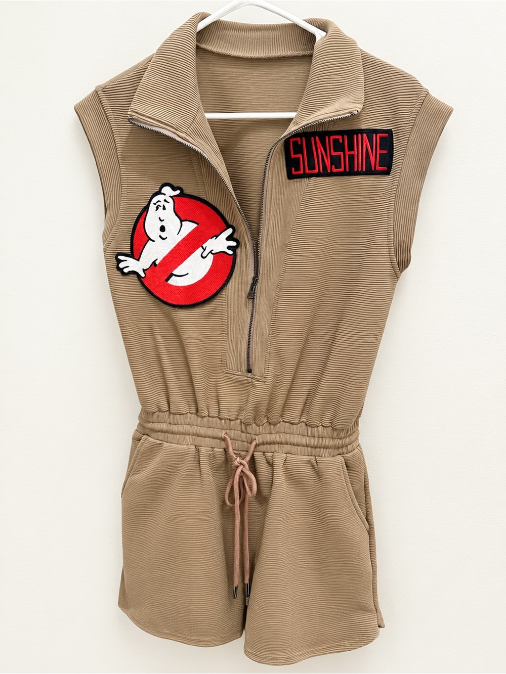 Women’s Tan Ghostbusters-Inspired Sleeveless Romper with Patches